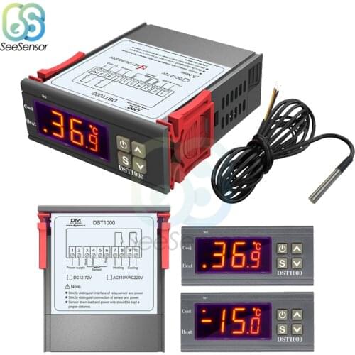 DST1000 AC 110V 220V DC 12-72V Digital Temperature Control Controller Thermostat DS18B20 Sensor Waterproof Replace STC-1000