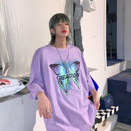 Streetwear T-shirt men tshirt punk top summer shirt mens tide brand trend butterfly print loose hip-hop couple tshirt