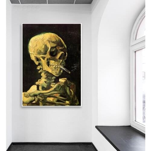 Smoking Skeleton Canvas Painting Printed Abstract Artwork Skull Posters Retro Wall Art Room Office Home Decor Unframed