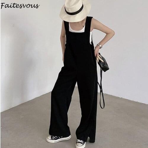 Summer Black Jumpsuits Women New Draped Loose Straight Leg Overalls Female Fashion Split Long Baggy Pants S-XL