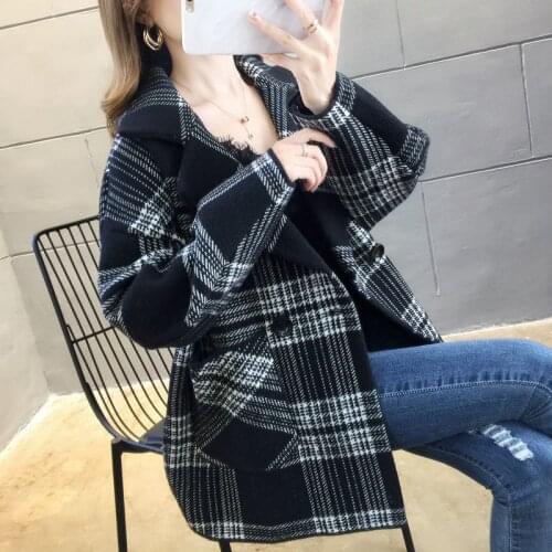 Fashion Autumn Winter Jacket Womens Double Breasted Plaid Coat Korean Loose Casual Female Jacket Plus Size S-4XL