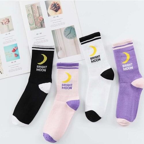 Men Women Harajuku Hip Hop Autumn Elastic Rib Trim Long Crew Socks New Moon Letters Stripes Printed Couples Cotton Tube Hosiery
