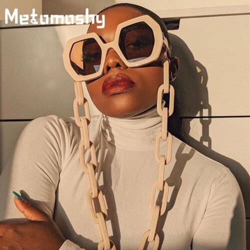 2020 Vintage Polygon Sunglasses Women Men Retro New Fashion Oversized Sun Glasses with Chain Holder Hip Pop Punk Shades Eyewear