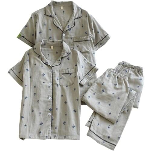 Couples Simple Style Turn-Down Collar 2pcs Household Pajamas Set Grey Loose Thin Men Women Sleewear Short Sleeve+Pants Homewear