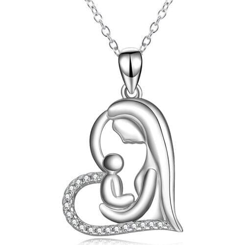 LOYE Mom Baby Heart Shape Hanging Pendant Necklace Setting Cubic Zirconia Clavicle Chain Necklaces for Women Mothers Day Gifts