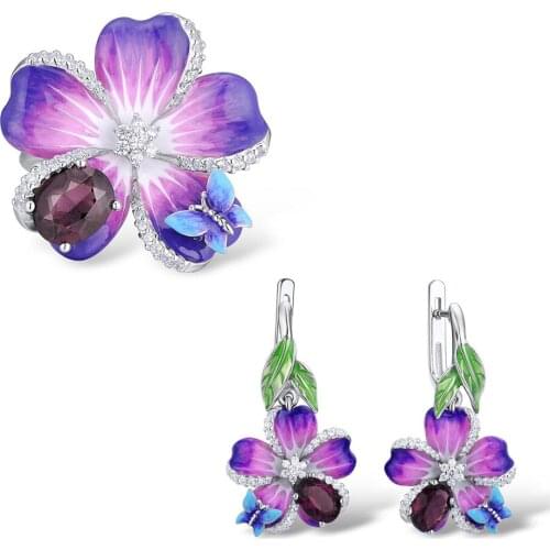 Luxury Vintage Blue Enamel Butterfly Flower Drop Earrings Ring Set for Women 925 sterling silver Bridal Wedding Jewelry Set