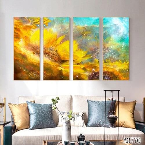 Modern Abstract Oil Painting Print on Canvas 4pcs Abstract Flower Sunflower Canvas Art Printing Wall Art Picture for Home Decor