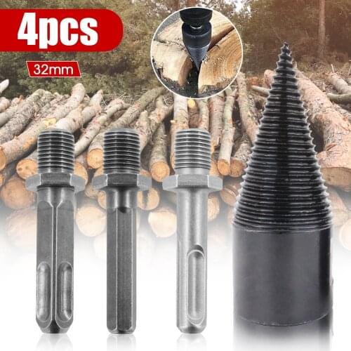 4pcs 32mm Firewood Splitter Drill Bit Firewood Wood Cone Reamer Punch Driver Drill Wood Splitter Drill Bits Split Drilling Tool