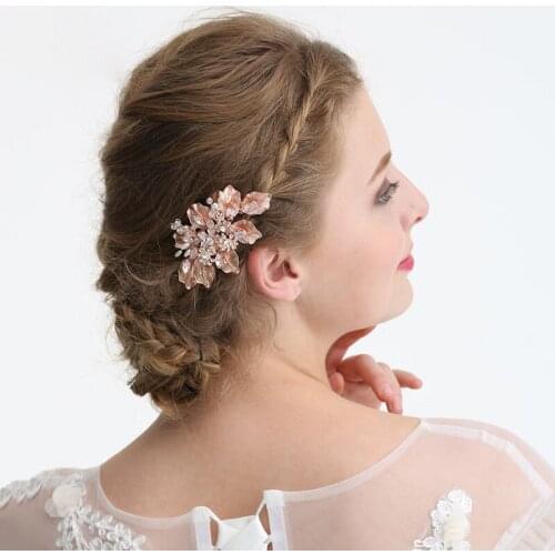 SLBRIDAL Handmade Rose Gold Rhinestones Crystal Pearls Flower Wedding Hair Comb Bridal Headpieces Hair Accessories Women Jewelry