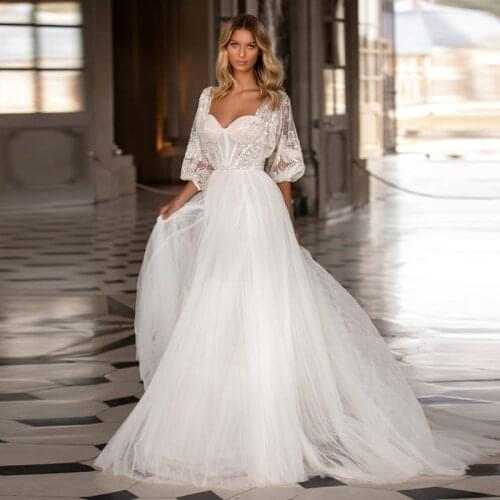 Backless A-Line Lace Applique Sweetheart Bridal Gown Beaded Puffy Half Sleeve Wedding Dresses Vestido De Novia