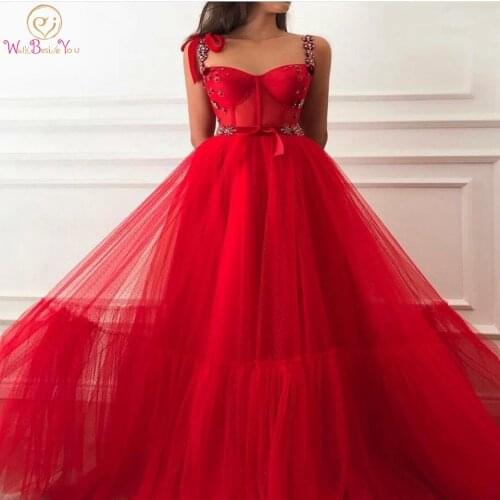 Red Prom Dresses Elegant Dot Tulle Spaghetti Strap Rhinestone A Line with Bow Evening Gowns Floor Length Long Formal Party Gowns