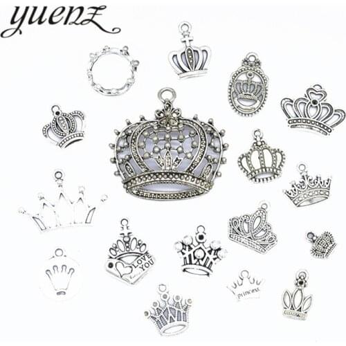 YuenZ Mixed 17 pcs Antique silver color Crown Charms Zinc Alloy necklace,earring bracelet jewelry DIY handmade U036