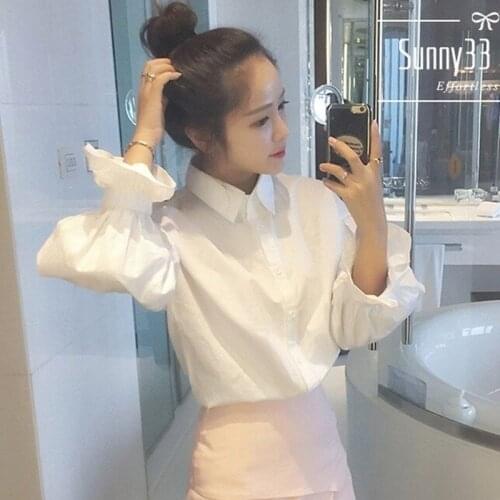 Button Up White Shirt Women Ruffle Puff Sleeve Top Oversized Blouse Turn down Collar Korean Fashion 2021 New