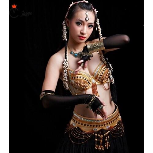 34C cup Women Tribal Belly Dance Wear 2 Pieces Outfit Set Antique Bronze Beads Bra Belt Gypsy Dance Costumes