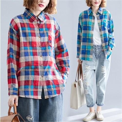 2021 Spring Fashion New Plus Size Women Clothing Loose Irregular Long-Sleeved Plaid Cotton And Linen Shirt Top Trend H097
