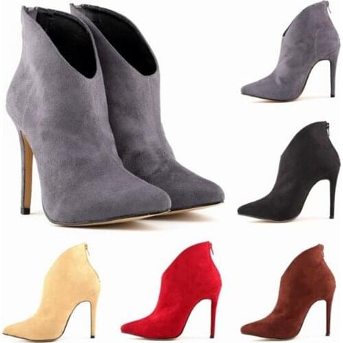 LOSLANDIFEN Ankle Boots Womens Flock Slip On 11CM Thin Heels Pointed Toe Tassel Short Boot Party OL Office Woman shoes