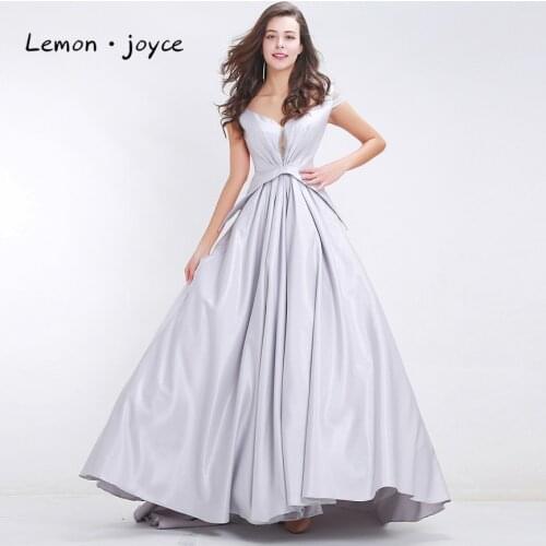 Lemon joyce Fashion Grey Evening Dresses 2020 for Women V-neck Cap Sleeve Prom Gowns Ball Gowns vestido de festa Plus Size