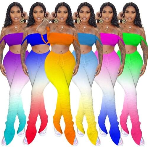 Sporty Gradient Women Two Piece Set Slash neck Crop Top+High Waist Stacked Leggings Flare Jogger Sweatpants Matching Set S-XXL