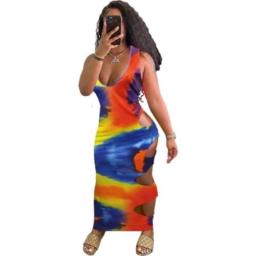 Tie Dye Plus Size Bodycon Dress Off Shoulder Deep V Outfit for Women Summer Clothes Sexy Night Club Hollow Out Maxi Dresses