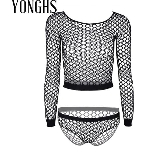 2Pcs Womens Fishnet Erotic Babydoll Lingerie Suit Hollow Out Soft Stretchy Sexy Bikini Lingerie Sets Top with Bottoms Underwear