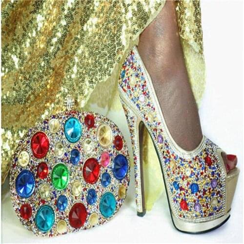 2019 High Quality African Crystal Shoes And Bag Set Newest Fashion Ladies Spike Heels 14CM Shoes And Bags Set For Wedding