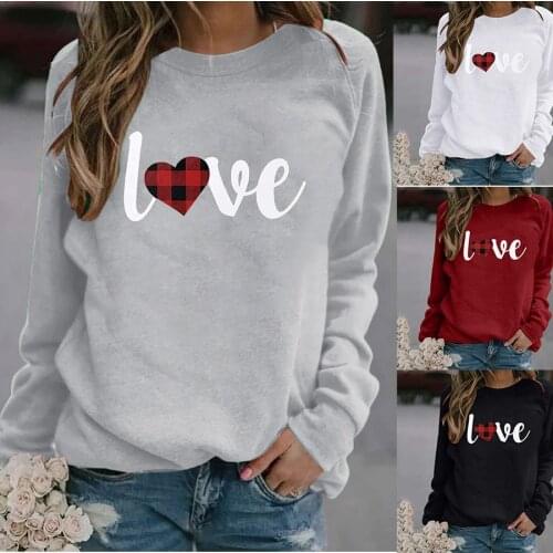 2021 New Style Women pullover Valentines Day LOVE Love Heart Print Matching Plaid Long Sleeve Round Neck Casual Cozy T-Shirt