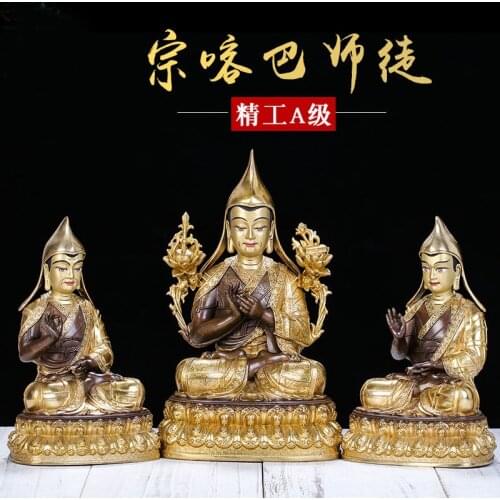 3PCS TOP GOOD BUDDHA family efficacious Protection Buddhist Buddhism Gold-plated Tibet Gelugpa tsongkhapa brass Buddha statue