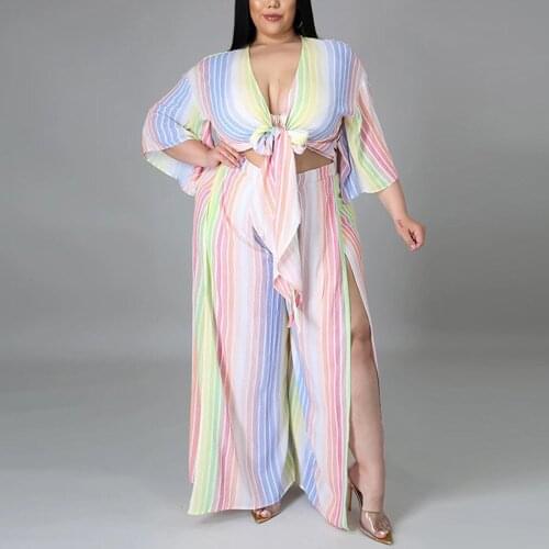 4XL 5XL Plus Size Pants Sets Womens Large Striped Printed Loose High Split Fashion Elegant Evening Night Outfits Matching Sets