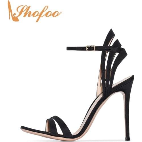 Black Stiletto Women Sandals High Heels Open Toe Narrow Band Buckle Strap Large Size 15 16 Ladies Summer Fashion Shoes Shofoo