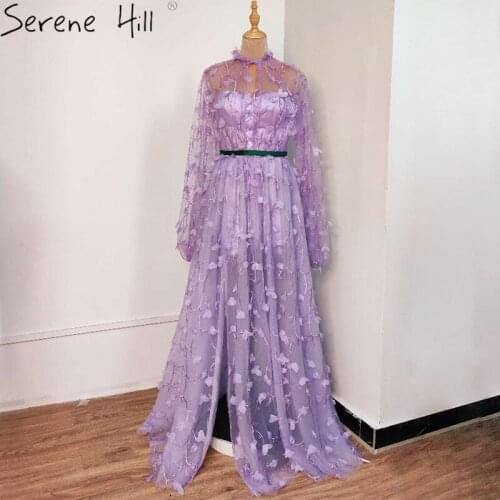 Purple High Neck A-line Sexy Long Sleeve Prom Dresses Perspective Handmade Flowers Prom Gowns 2020 Serene Hill BLA60950
