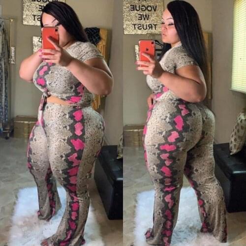 Hirigin 2021 Plus Size Women Two Piece Jumpsuit Snakeskin Print Short Sleeve Crop Top Wide Leg Pant Set Oversize 2PCS Outfit