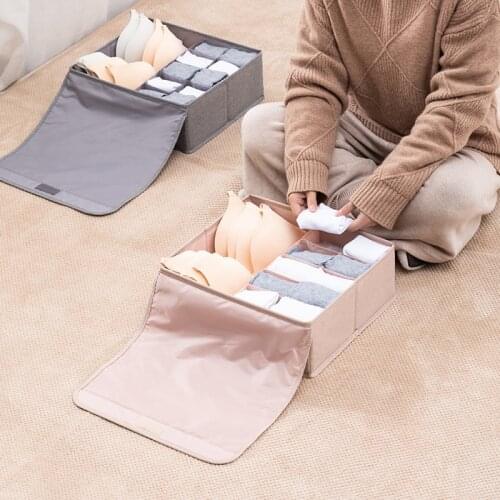 Cotton Linen Storage Box With Lid Underwear Closet Foldable Drawer Divider Lidded Closet Organizer Storage Box For Socks Bra