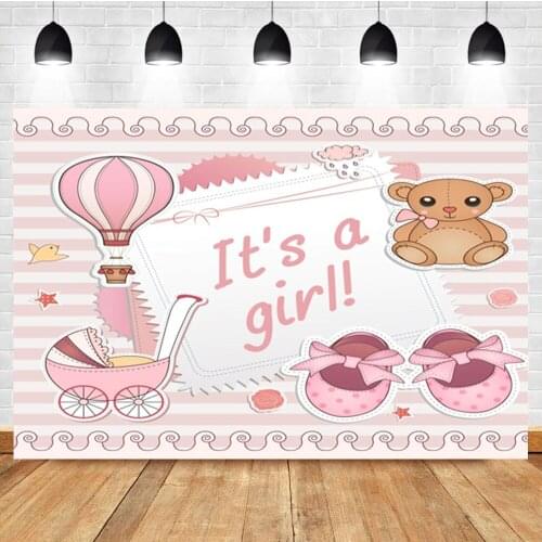 Laeacco Baby Girl Pink Birthday Balloon Bear Baby Carriage Custom Photo Photography Backdrop Photo Background For Photo Studio