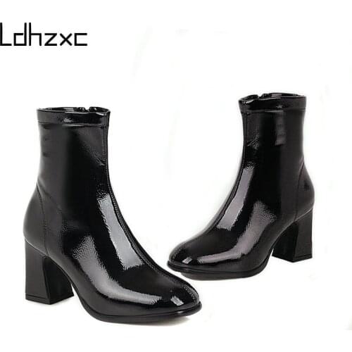 LDHZXC Black Ankle Boots Autumn Square High Heels Female Round Toe PU Leather Boots Ladies Casual Shoes Woman Boots