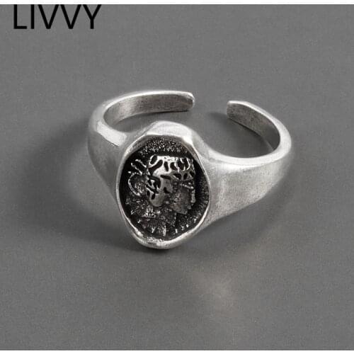 LIVVY Thai Silver Color Portrait Relief Index Oval Open Finger Rings for Women Fashion Vintage Party Adjustable Jewelry Gifts