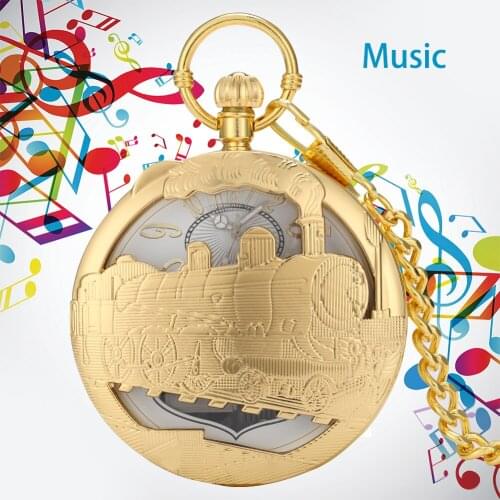 Swan Lake Melody Musical Pocket Watch Quartz Pendant Pocket Clock Antique Gold Steampunk Train Design Pocket Music Timepiece