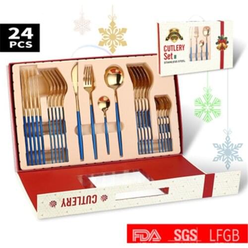 24pcs Knife Fork Spoon Gold Dinnerware Set Food Grade Stainless Steel Tableware Set Christmas Gift Box Dishwasher Cutlery