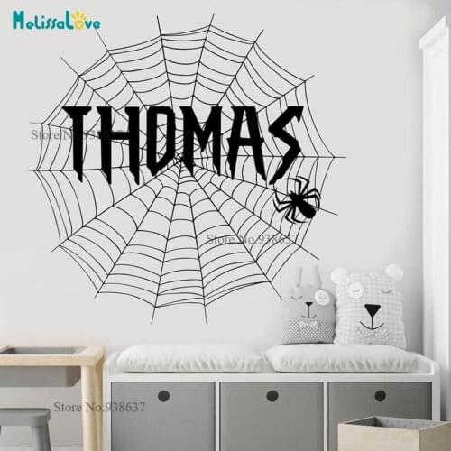 Spider Theme Stickers Personalized Sticker Cobweb Baby Boy Room Removable Vinyl Wall Decal Custom Name Nursery BA052