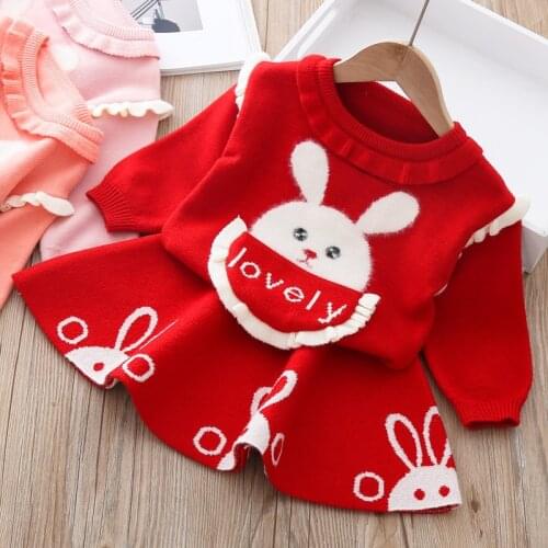 2020 Autumn Knitwear Princess Clothes Set For Girls Baby Kids Children Rabbit Pullover Sweater + Pleated Skirts 2Pcs Sweater Set