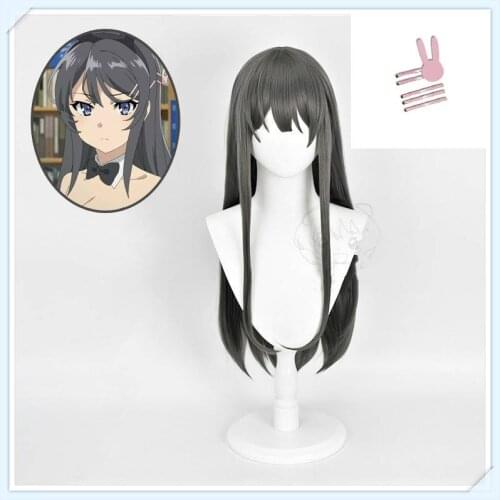 Anime Seishun Buta Yarou Mai Sakurajima Cosplay Wig Accessories Headwear Pink Hairpin Long Straight Gray Hair+Free Wig Cap
