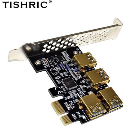 5pcs TISHRIC Golden PCIE PCI-E Riser Card 1 to 4 USB 3.0 Multiplier Hub X16 PCI Express 1X 16X Adapter For BTC ETH Mining Miner