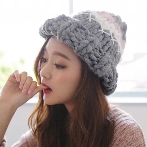 Mingjiebihuo New fashion autumn and winter ultra-thin hand-knit woven wool hat curling knitting thick line hat