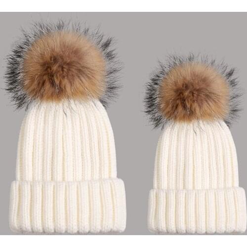 MS.MinShu Hat With Fur Pompom Parent-Child Fur Hat Fox Fur Pompom Hat Winter Beanies with Real Fur Bobble Hat