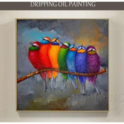 Funny Design Colorful 7 Birds Stay on Branch Oil Painting on Canvas Funny Abstract Birds Oil Painting for Living Room Decoration