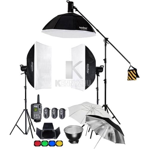 Godox SK400 1200W / 3x 400WS Studio Flash Strobe Lighting Kit + 60x90cm Softbox + 2.8M Light Stand & Boom Arm + Trigger FT-16