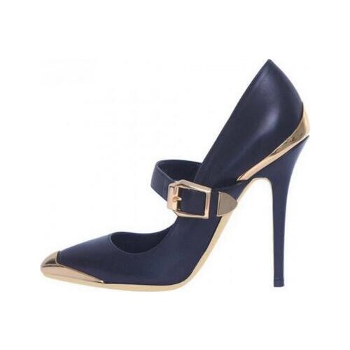 Dark Blue Gold Metal Toe Patchwork Ankle Buckle High Heel Shoes Woman Sexy Party Pointed Toe Stiletto 10 cm Heel Shallow Pumps