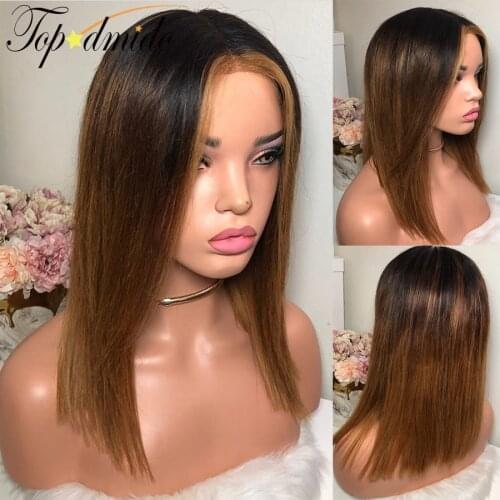 Topodmido 13x6x1 #1B Highlight Color #1B Brown Straight Remy Indian Hair Lace Front Wigs Human Hair Lace Front Wig 150% Density