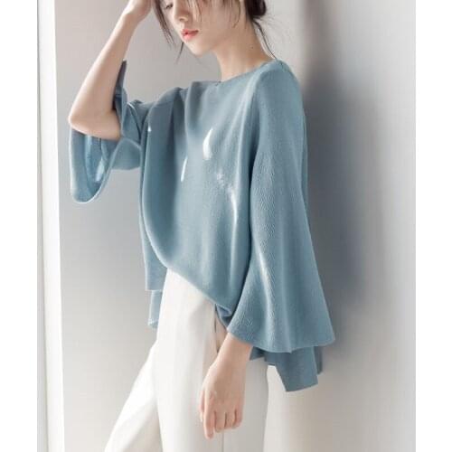 Han Bingsi Knitwear Womens Loose T-shirt Thin Air Conditioning Shirt Spring/Summer Horn Seven-point Sleeve Shoulder