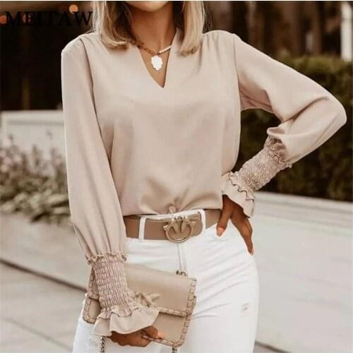 Elegant Office Shirts Women White Blouses 2020 Autumn Loose Pullover Tops Casual Solid Deep V-Neck Long Sleeve Shirt
