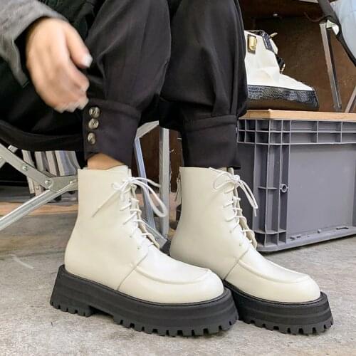2021 Autumn Winter Thick Bottom Women Martin Boots Real Leather Platform Short Boots Round Toe Cross Tied Mujer Retro Booties